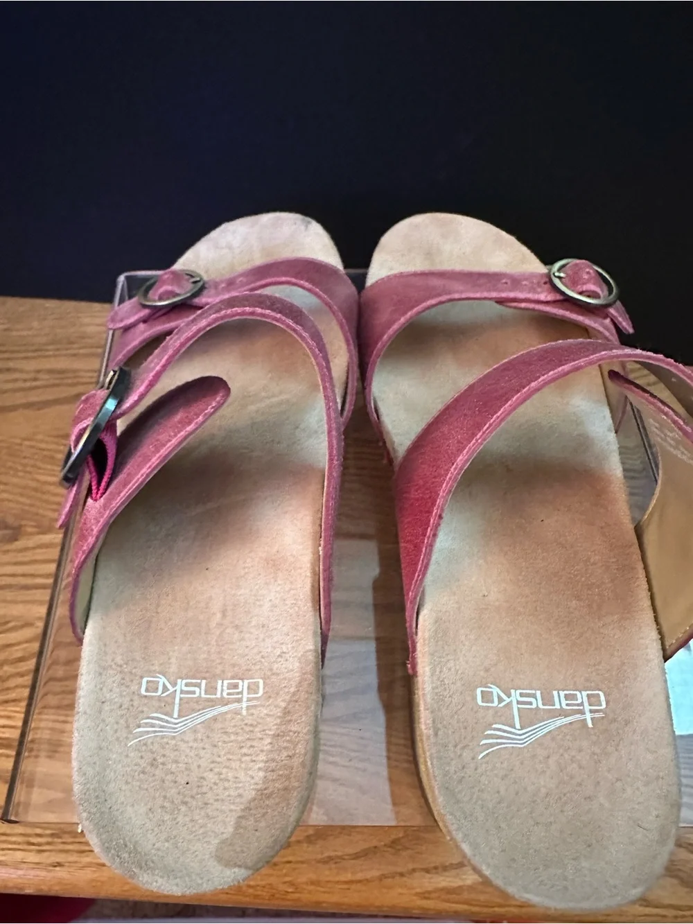 Dansko Pink Distressed Leather Wedge Buckle Sandals